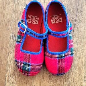 Bonton Red Plaid Slippers with Blue Trim